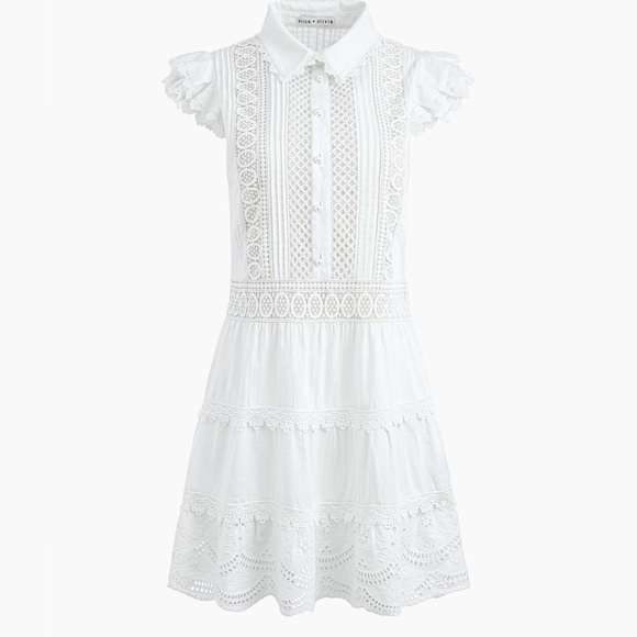 BRAND NEW NWT Alice + Olivia White Meeko Eyelit Embroidered Mini Shirt Dress - Picture 3 of 14